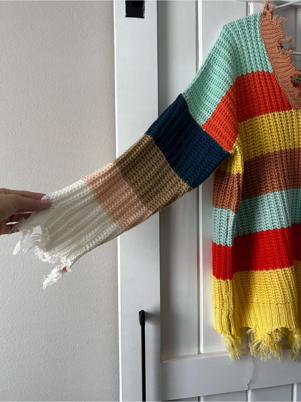 Distressed Multi-Color Stripe V-Neck Sweater - Picture 3 of 5